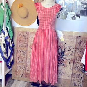 Free People Striped Chambray Butterflies Midi Dress Smoked Top Pockets Red White